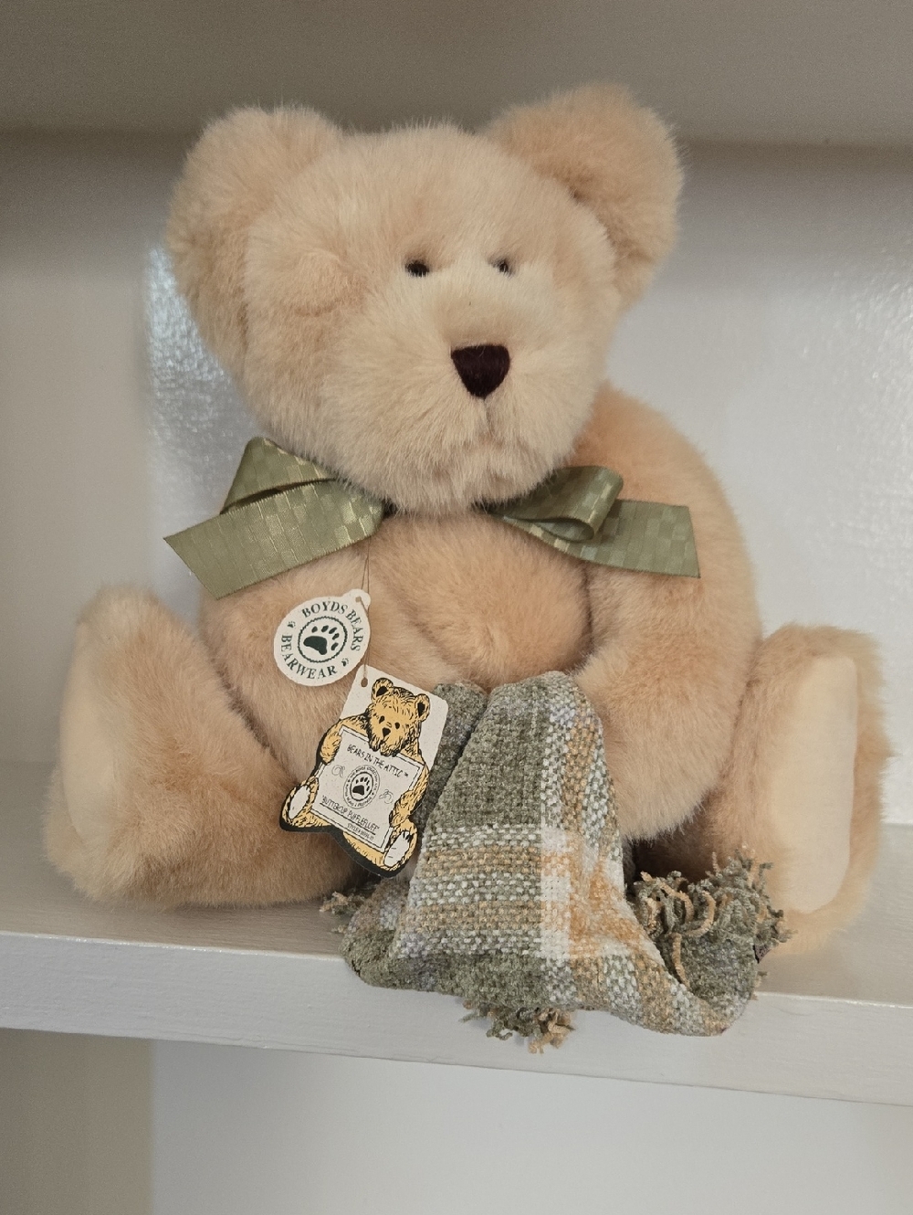 Boyds Bears "Buttercup Pufflefluff" Beige Teddy with Green Bow and Plaid Scarf